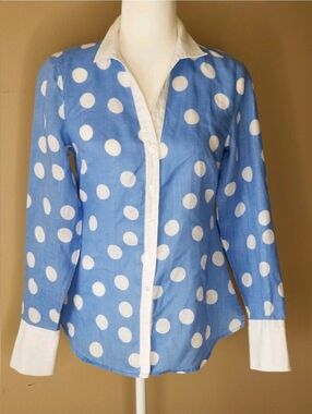 Island Company Linen Button Down Shirt Blouse  Blue/White Polka Dot Size  XS